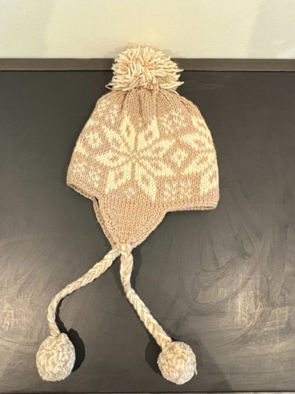 World Market Hand Knit Wool Earflap Beanie Hat Nordic Snowflake Pom Pom Beige Cr